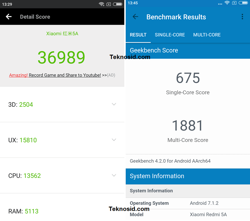 Hasil Benchmark Xiaomi Redmi 5A - AnTuTu - Geekbench