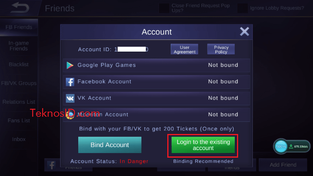 Login to the exsiting account- Mobile Legends